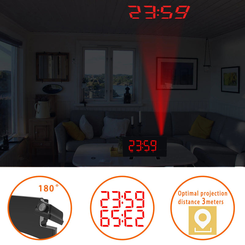 AGSIVO 8 Inch Projection Alarm Clock with 180 Rotatable Projector / FM Radio / Snooze / 3-Level Brightness Dimmer / Curved Clear LED Display / USB Charger For Bedroom Living Room
