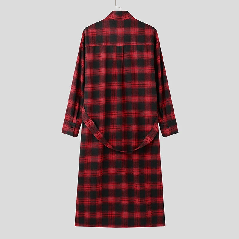 INCERUN Mens Plaid Patchwork Long Sleeve Shirt Fashion Classic Checkered Lace Up Strap Long Shirt for Men