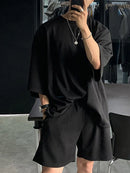 Mens Solid Drop Shoulder Casual Two Piece Outfits