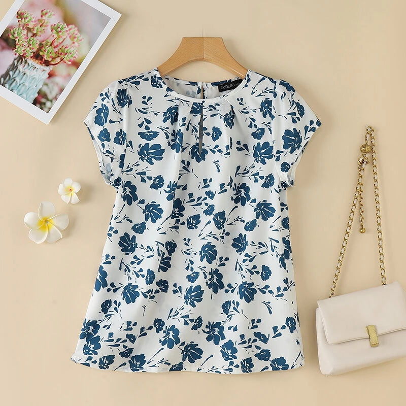 ZANZEA Womens Floral Print Ruffled Open Round Neck Design Short Sleeve Shirts