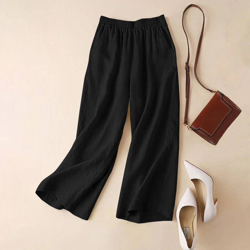 ZANZEA Women Cotton Elastic Waist Solid Color Long Pants Casual Loose Straight Trousers