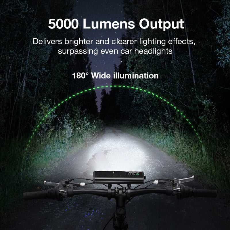LAOTIE B06 B08 5000Lm Brightness Bike Headlight 8 LED Large Beads Dual Distance Beam Design 10000mAh Battery Phone Emergency Power Bank IPX5 Waterproof 4 Light Modes Fast Charge Bicycle Digital Display Front Light for Electric Bike Scooter MTB Bikes