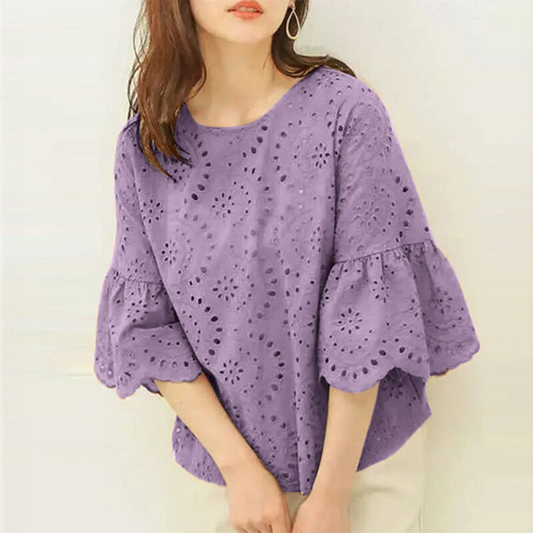 ZANZEA Women Korean Casual Shirt Daily Embroidery Hollow Ruffle Sleeve Blouses