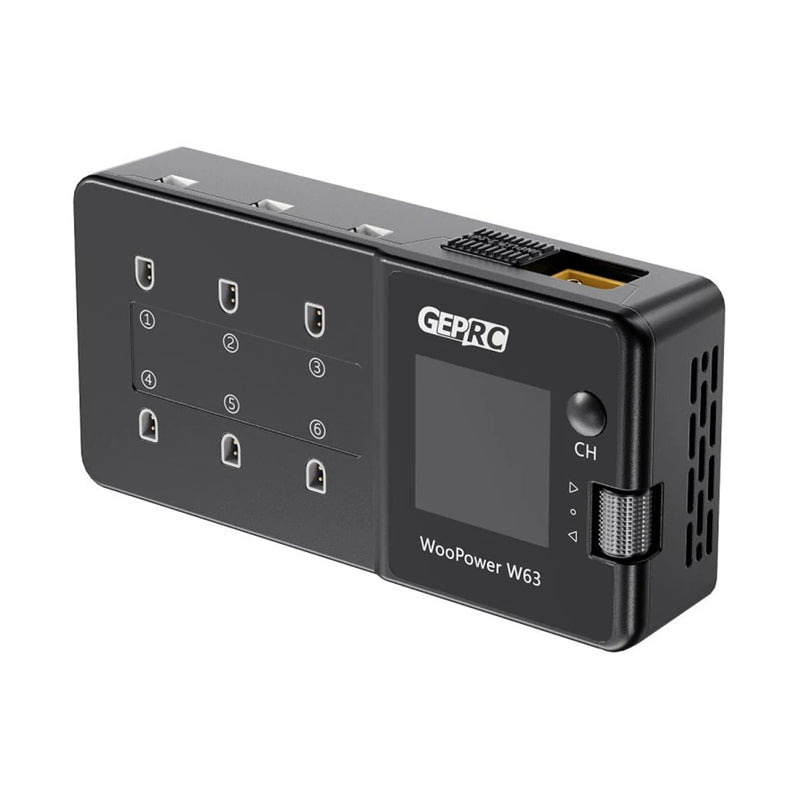 GEPRC WooPower W63 78W 3A*6 6 Ports  1S Lipo Battery Charger Discharger with Storage Function 1.54-Inch IPS Display Support LiPo/LiHV/LiFe 1S Battery PH2.0/BT2.0  Plug