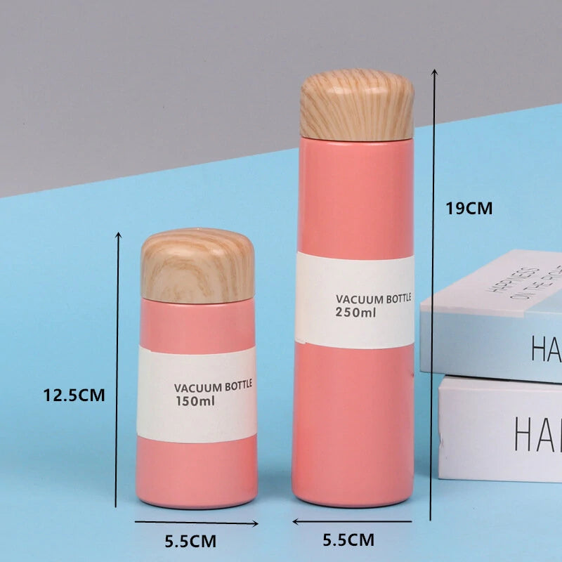 150/250ml Insulated Bottle Wood Grain Mini Cute Stainless Steel Thermos Cup Portable Pocket Vacuum Bottle Mini Coffee Mug with Tea Leak for Home Travel Outdoor