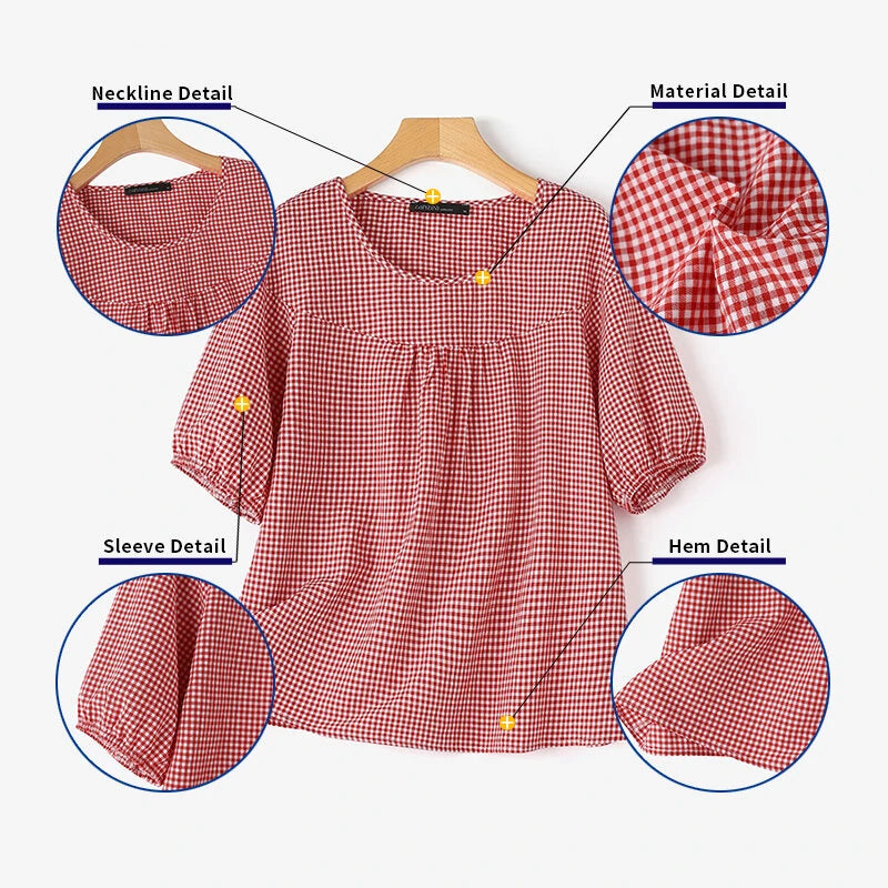 ZANZEA Women Plaid Blouses Shirt Trendy Casual Round Neck Top with Pleats Short Lantern Sleeves Shirt Loose Fit