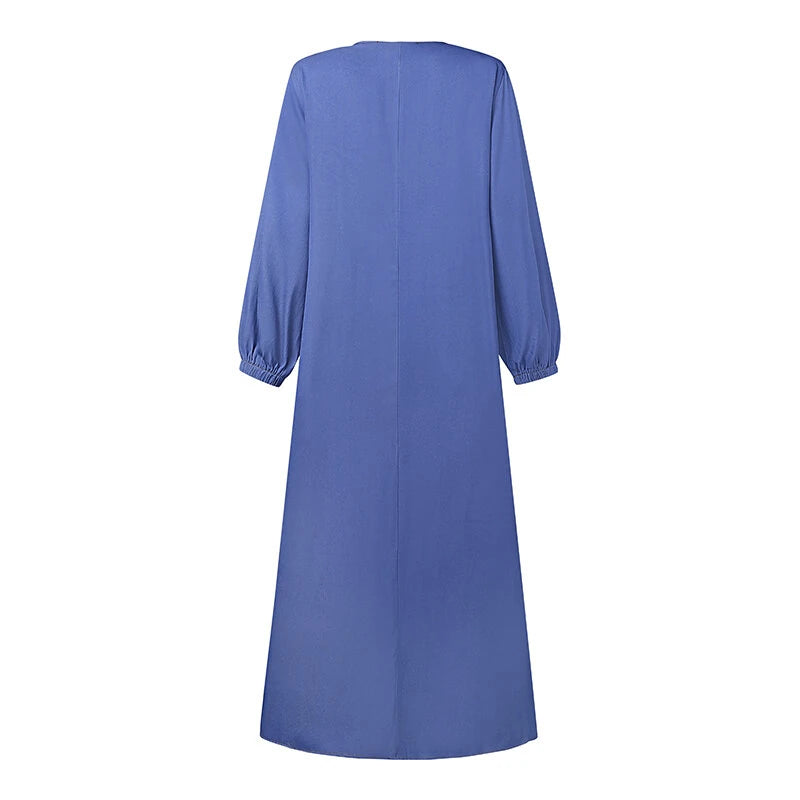 ZANZEA Women Vintage Round Neck Denim Dresses Casual Lantern Sleeve Solid Maxi Dress