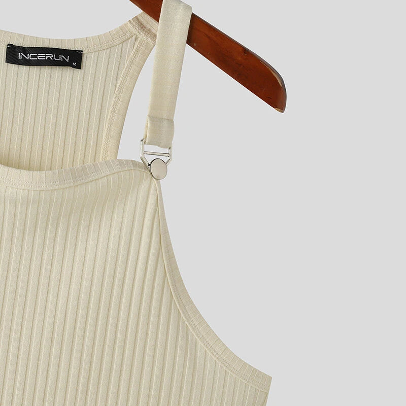 INCERUN Mens Solid Knit Textured Sleeveless Vest Fashion Solid Color Metal Button Strap Tank Top for Men