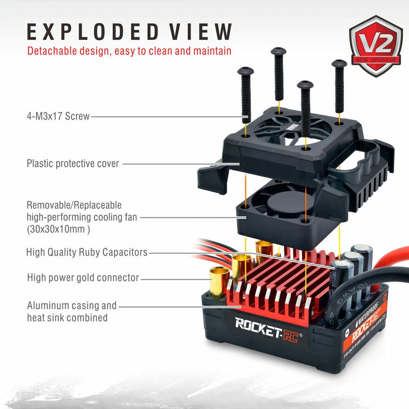 Surpass Hobby Rocket V2 Waterproof 130A/160A Brushless ESC for 1/7 1/8 RC Car Vehicles Model Parts