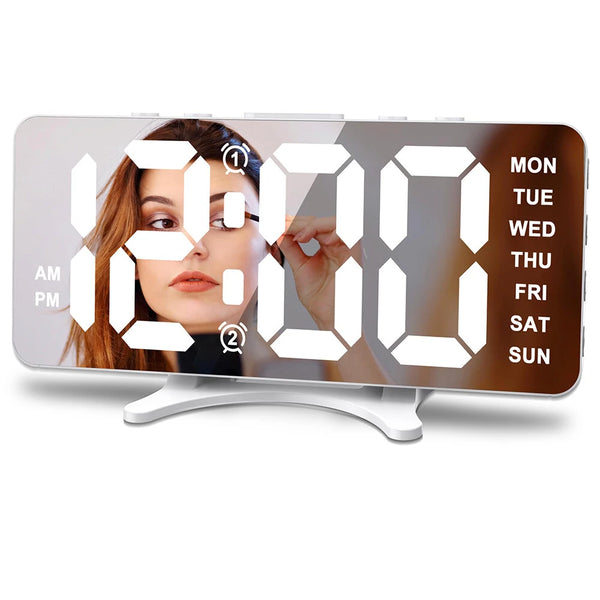 Smart LED Mirror Digital Clock Alarm Clock LED Digital Clock Auto Dimming Mirror Rechargeable Digital Clock for Bedrooms 4 Level Brightness&2 Level Volume
