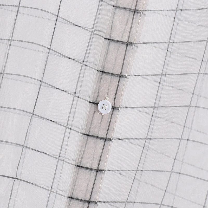 INCERUN Men Shirt Mesh Transparent Plaid Lapel 3/4 Sleeve Short Shirt Fashion Casual Men Clothing Loose Button Camisas