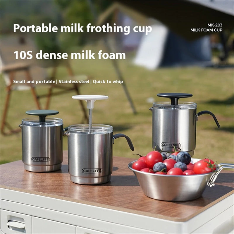 CAFELFFE Portable Manual Milk Frother Cup Stainless Steel Hand Pump Foam Maker Easy Cleaning Travel Use for Latte Cappuccino Coffee