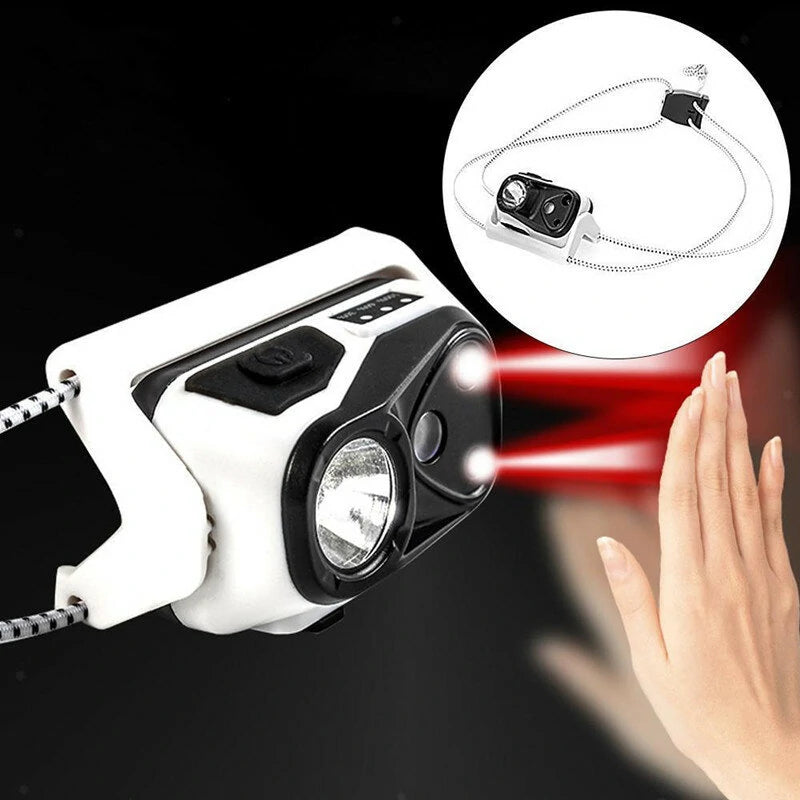 Portable Mini Smart Sensor LED Headlamp USB Rechargeable Super Bright Running Cycling Head Light Red Warning Light Waterproof Lantern Illuminator Lamp