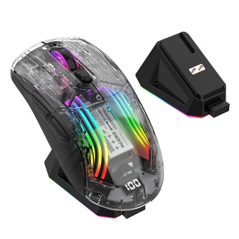 XUNSVFOX XYH20pro RGB Transparent Shell Gaming Mouse Power Display Three Mode Wireless bluetooth Type-C Rechargeable Ergonomics Mute Mice with Charging Dock PC Accessories