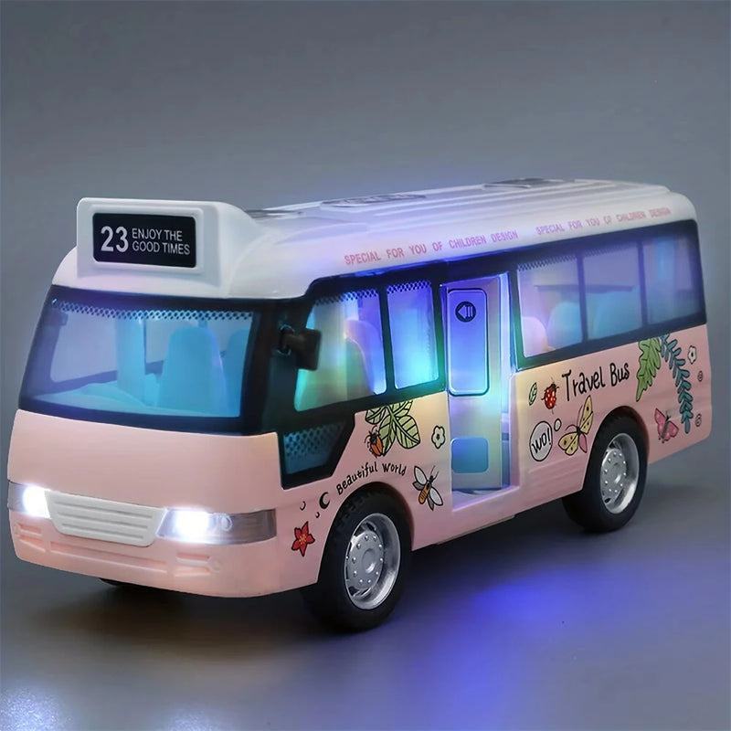 Children's Inertia Toy Car Route 23 City Bus School Bus Model with Sound Light Music Openable Doors Friction Powered Play Gift