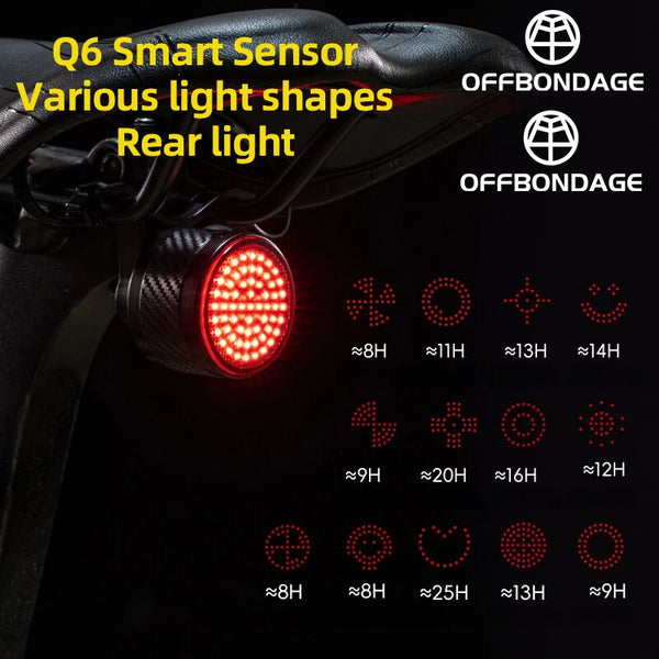OFFBONDAGE ATS-Q6 Smart Auto Brake Sensing Bicycle Taillight 13 Light Modes Type-C Rechargeable Waterproof Bike Rear Light for MTB Road Night Riding Safety