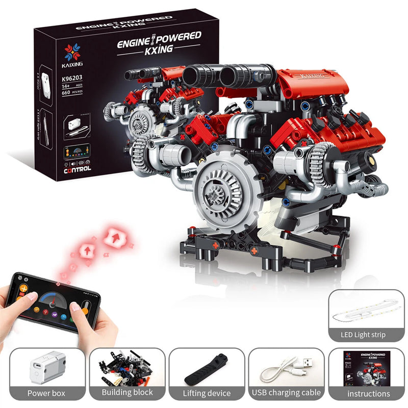 660PCS K96203 MOC Motorized Ferrari488  V8 Engine Model Technical Building Block Brick Assembly Kit with LED Lights Rechargeable APP Controlled Science Education Discovery Toys Christmas Gift Gifts