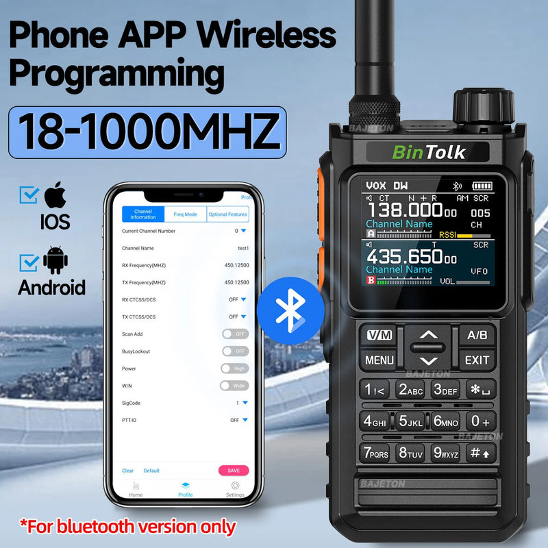 BinTolk BT7700 Walkie Talkie Multi Band Wireless Bluetooth Phone Programming Noise Reduction AM FM Type-C Charging Ham Radio for Outdoor Camping