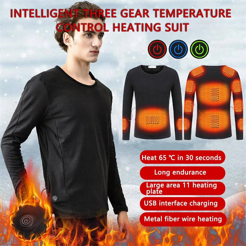 TENGOO 11 Heating Zones Underwear 3 Gear Smart Control Winter Warm USB Electric T-Shirt Adult Long Sleeve Plush Heated Top