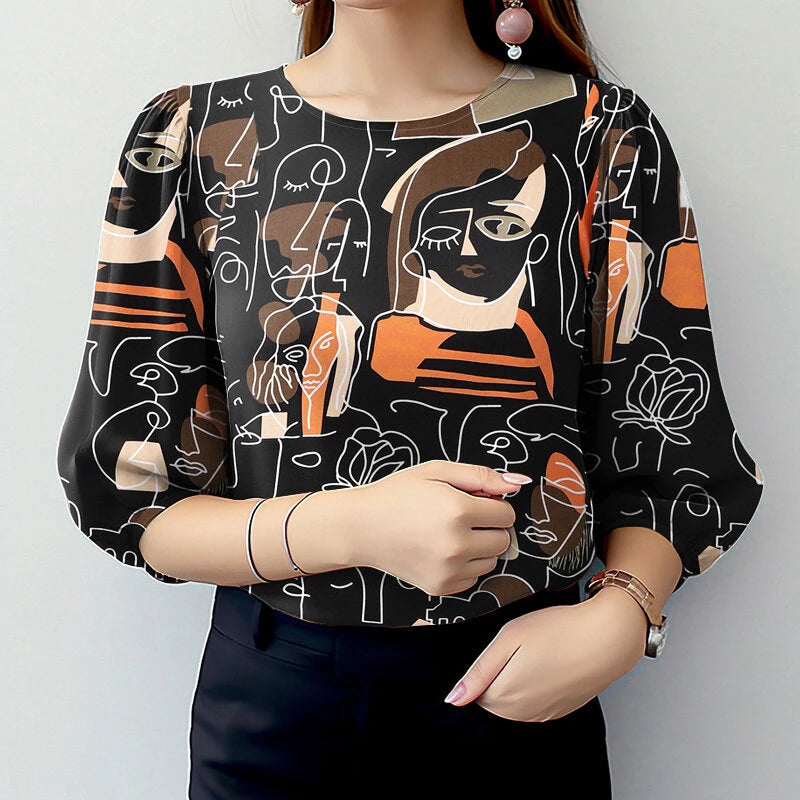 ZANZEA Women OL Work Elegant Blouses ShirtCrew Neck 3/4 Sleeve Printed Elegant Ladylike Tops Shirt