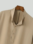 INCERUN Mens Shirt Solid Color Stand Collar Shirt Summer Casual Loose Fit Half Long Sleeve Top Men Clothing Shirts