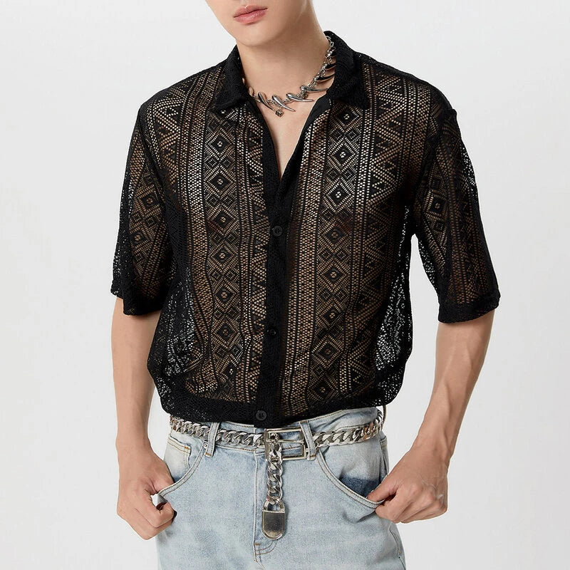 INCERUN Men's Hollow Lace Loose Short Sleeve Shirts
