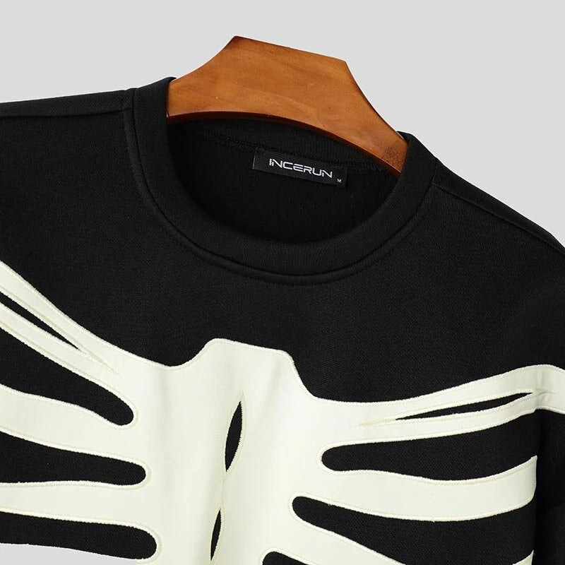 INCERUN Mens Skeleton Print Color Block Long Sleeve Hoodie Fashion Loose Fit Crew Neck Fall Top for Male S 5XL