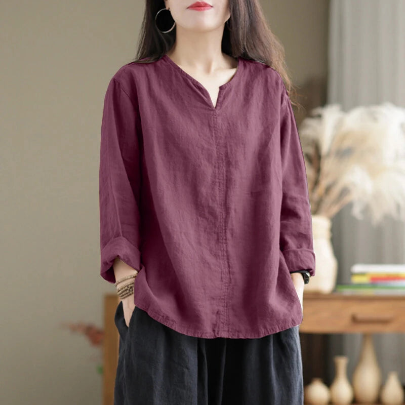 ZANZEA Vintage Women Cotton Blouse V Neck Long Sleeve Tops Retro Solid Loose Shirt Female Work Tunic Blusas Mujer