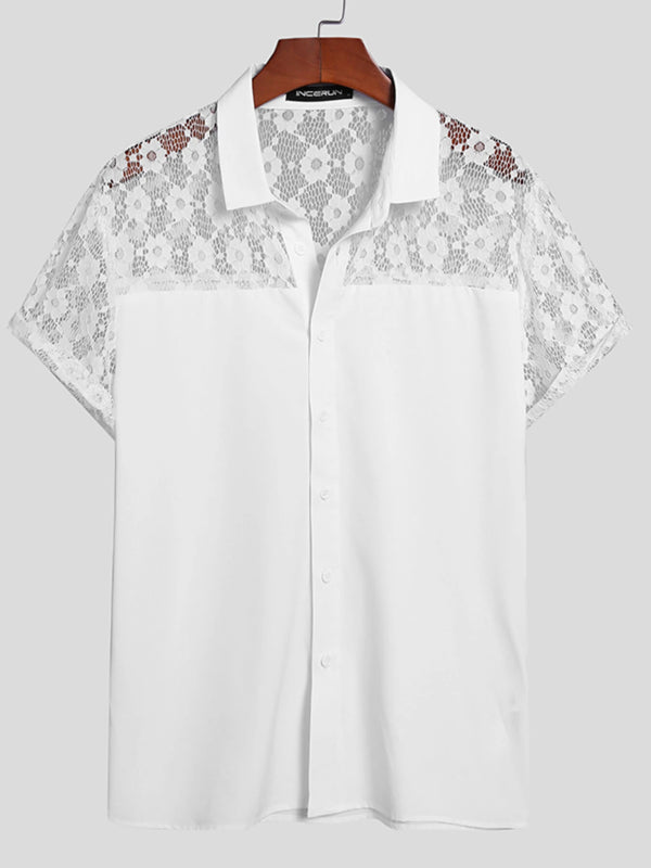 INCERUN Mens Shirt Patchwork Lace Short Sleeve White Shirt Summer Casual Daily Lapel Top Men Clothing