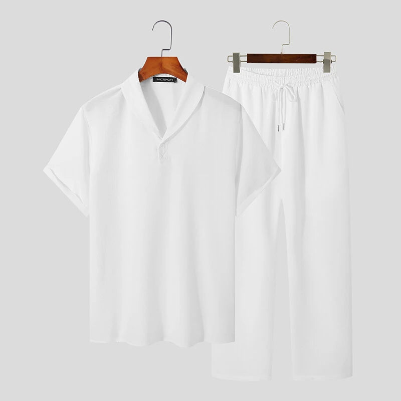 INCERUN Men Sets Summer Solid Color Casual Mens Two-piece Suits Lightweight Short Sleeved Shirt & Pant with Pockets