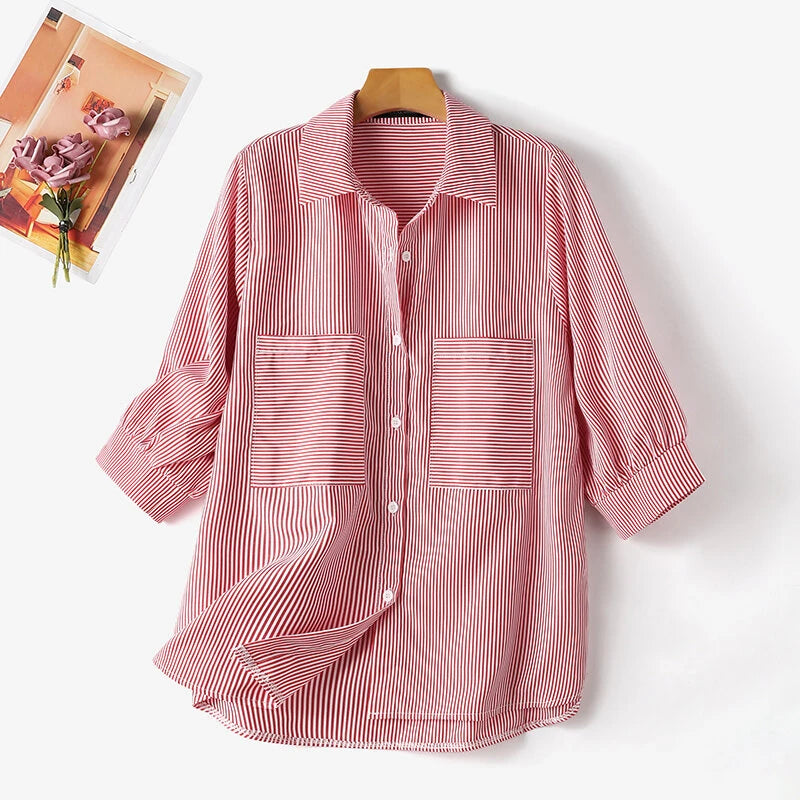 ZANZEA Women's Striped Shirt Summer 3/4 Sleeve Lantern Sleeve Front Pockets Casual Blouse Top