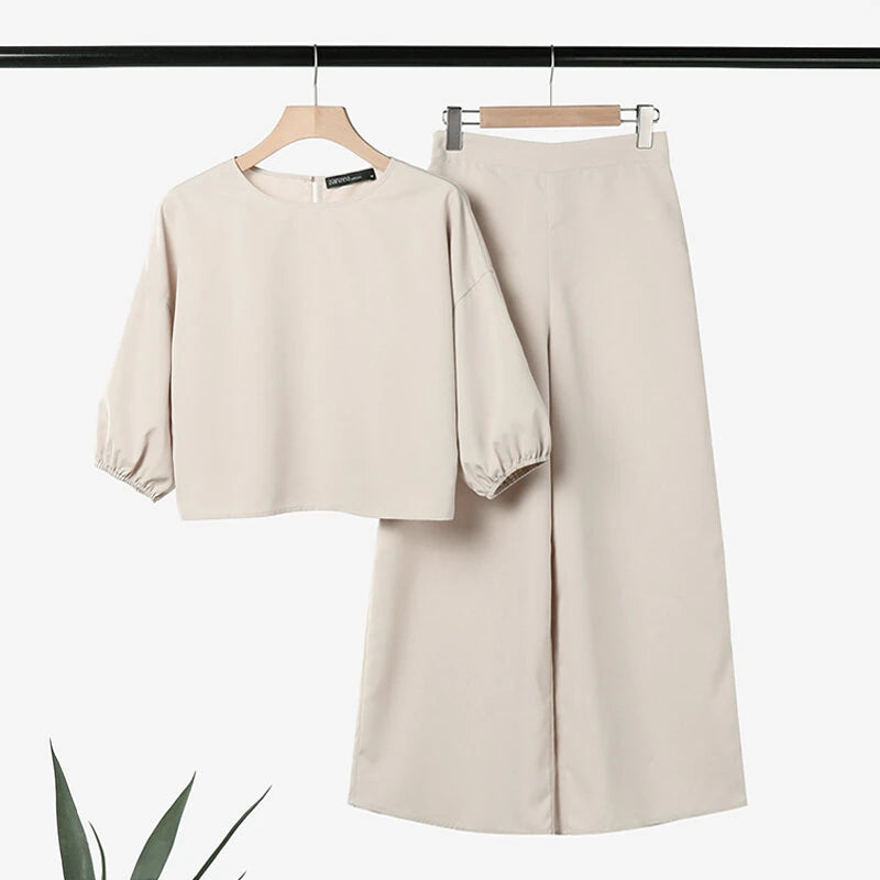ZANZEA Women Casual Solid Top Pant Sets Spring Summer Puff Sleeve Top Wide Leg Trouser 2pcs Outfits Daily 2 Pieces Womens Suits 5XL Autumn