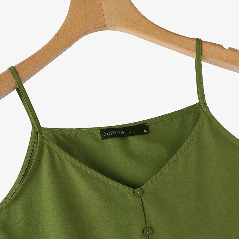 ZANZEA Womens Spaghetti Strap Camisole Summer Tank Tops V Neck Casual Slip Blouse Streetwear