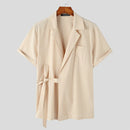 INCERUN Men's Shirt Solid Color Lapel Shirt Casual Lace Up Short Sleeve Top Summer Daily Male Clothing