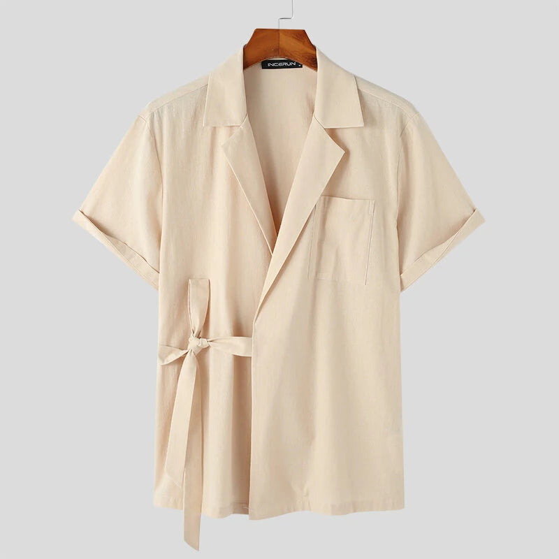 INCERUN Men's Shirt Solid Color Lapel Shirt Casual Lace Up Short Sleeve Top Summer Daily Male Clothing