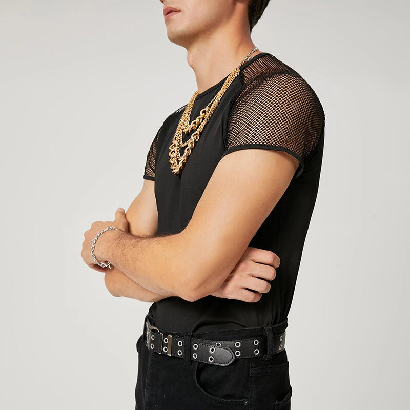 INCERUN Men T-Shirt Contrast Mesh Patchwork Crew Neck Short Sleeve Black T-shirt