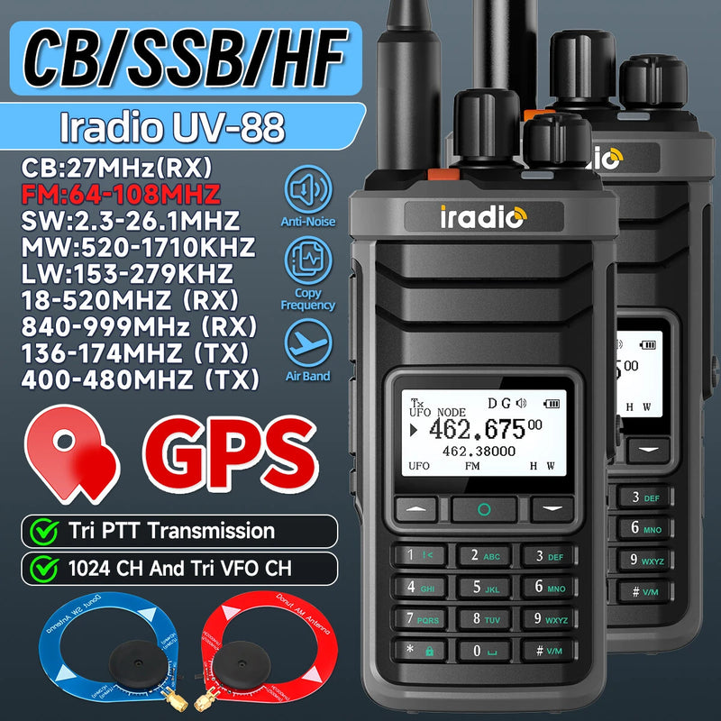 iRadio UV88 GPS Multiband Radio Walkie Talkie 1024 Channels IP67 Waterproof Type-C Charging CB SSB HF FM SW MW LW Amateur Ham Two Way Radio