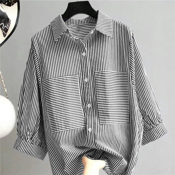 ZANZEA Women's Striped Shirt Summer 3/4 Sleeve Lantern Sleeve Front Pockets Casual Blouse Top