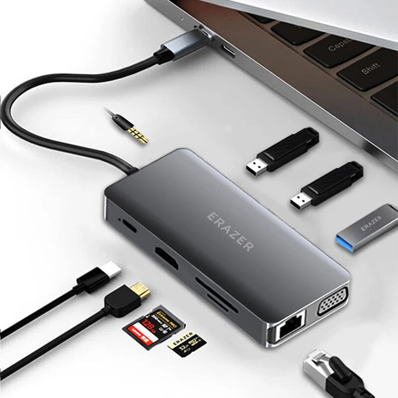 Lenovo ERAZER XC10V 10-in-1 Type-C Docking Station USB Adapter with USB3.0*3 / USB-C PD100W / HD / Gigabit RJ45 / SD&TF Card Reader Slot / 3.5mm Audio for PC Laptop MacBook HUAWEI XIAOMI Plug and Play