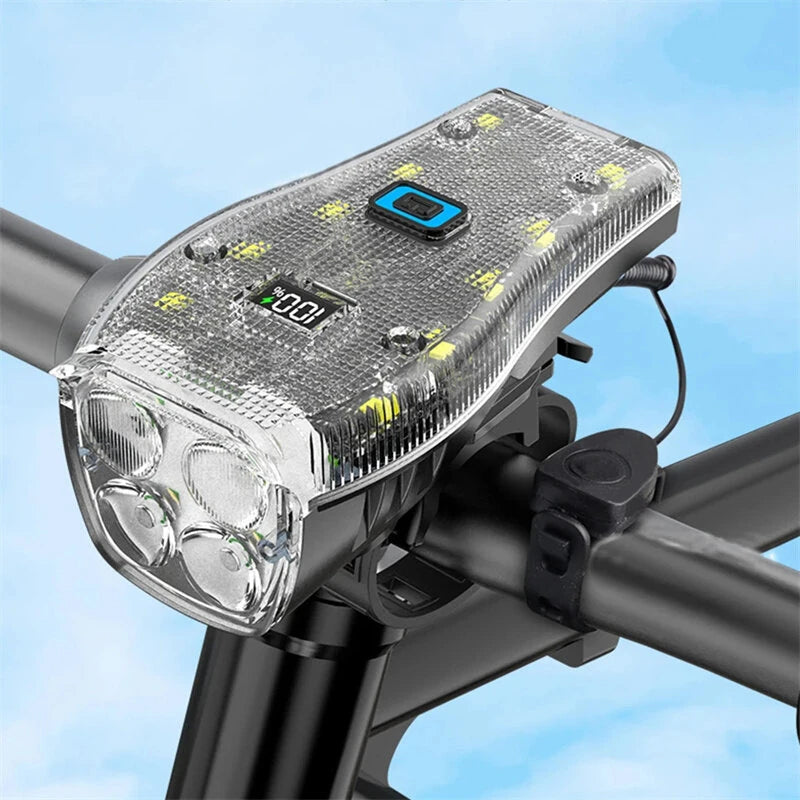 BIKIGHT Bike Headlight 4 LED Large Beads 2000mAh Battery Dual Distance Beam Design Waterproof 4 Light Modes Type-C Fast Charge Power Display Flashlight with 120dB Horn
