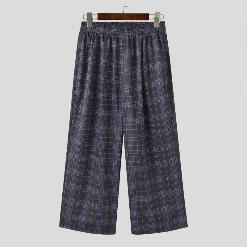 INCERUN Men Plaid Pants Comfortable Elastic Waist Pockets Trousers Casial Loose Fit Wide Leg Home Pant for Big Men Daily Large Size S-5XL