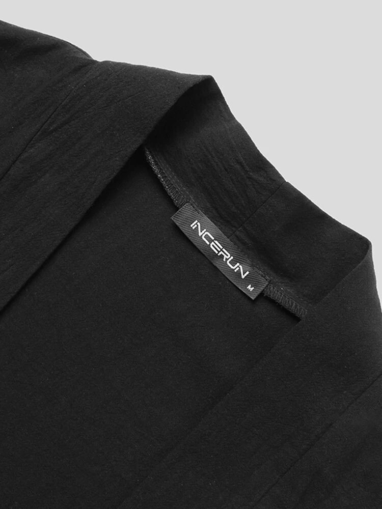 Mens Solid Cotton Loose 3/4 Sleeve Kimono