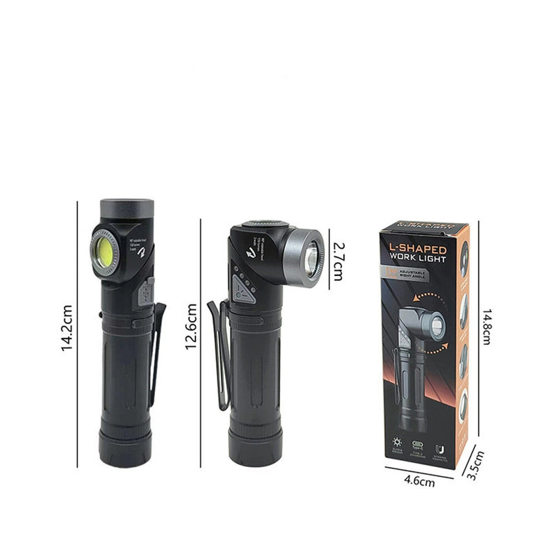 2 In 1 L-shape Flashlight LED Headlamp USB Rechargeable Bright Magnet Strong Mini Torch 90-Degree Adjustable Multi-Functional Outdoor Adventure Tool Compact Clip Light Waterproof Hiking Gear