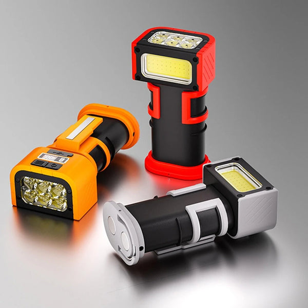 Portable Magnetic Waterproof Work Light Type-C Rechargeable LED Flashlight with Digital Display, Rotating Lamp Head, Dual Magnets, and Hook for Auto Repair & Outdoor Use