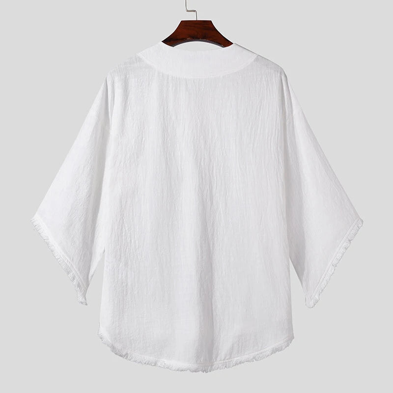 INCERUN Mens Raw Edge High-Low Hem T-Shirt Solid Color Wide Half Sleeve V-neck Tshirt Casual Top for Male S-5XL