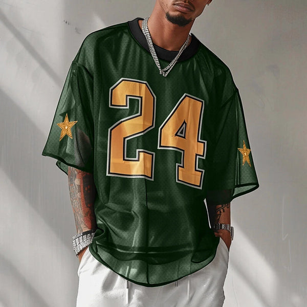 INCERUN Mens Mesh Number Print Short-Sleeve T-Shirt Fashion Streatwear Matching Jerseys Top for Male Plus Size S-5XL