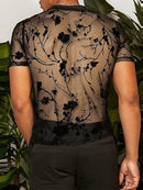 INCERUN Men T-shirts Fashion See-through Embroidered Flowers Mesh T-shirt Summer Mens Top Short Sleeve Streetwear Men Clothing