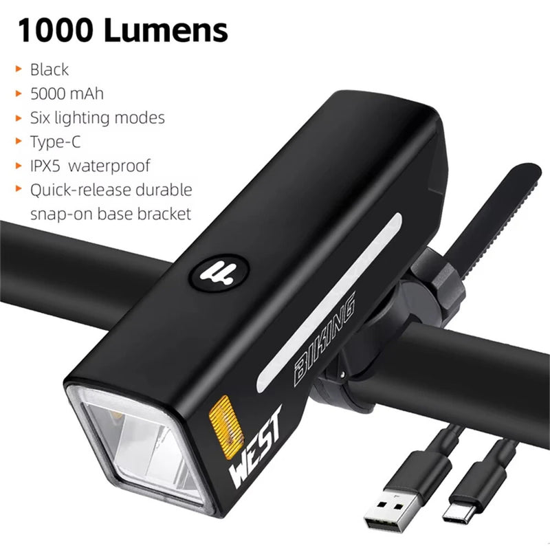 WEST BIKING 1000 Lumen High Brightness Bike Headlight 5000mAh Anti-glare Quick-release Bicycle Light IPX5 Waterproof USB Charging 6 Light Modes for MTB Road Cycling