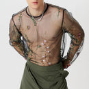 INCERUN Men T-shirts Fashion See-through Mesh Embroidered Flower Decor Long Sleeve Black Tshirts Summer Cool Party Male Tops