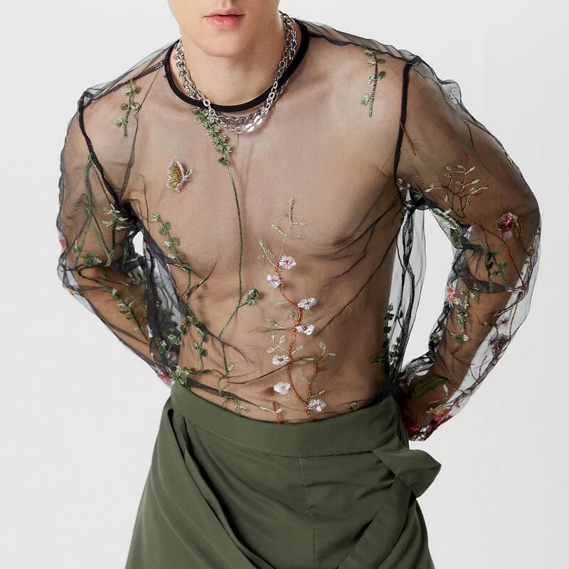INCERUN Men T-shirts Fashion See-through Mesh Embroidered Flower Decor Long Sleeve Black Tshirts Summer Cool Party Male Tops